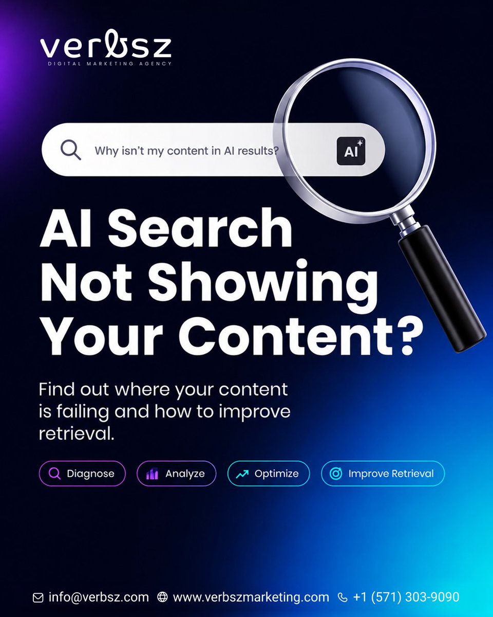verbszmanager's tweet photo. Is your content missing from AI search results?

Your pages may need stronger structure, clearer answers, better topical authority, and improved retrieval signals.

Verbsz Marketing helps diagnose, analyze, and optimize your content for better AI search visibility.

#AISearch https://t.co/Bz9mA2mhJl