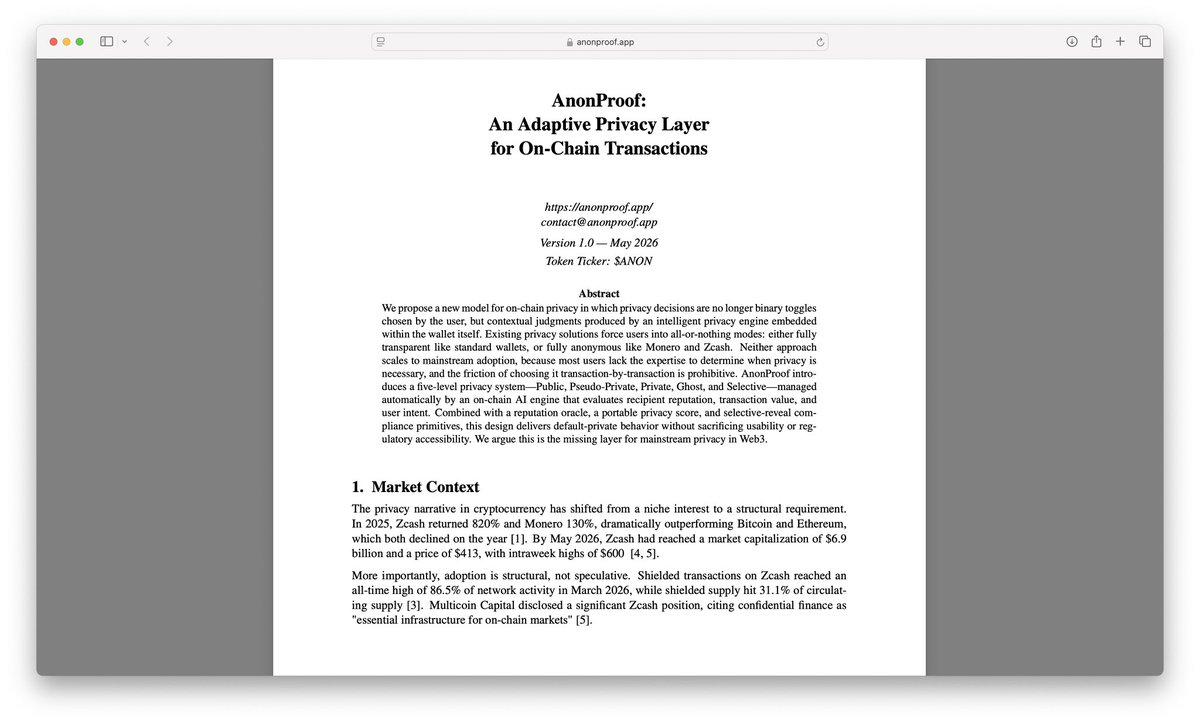 anonproofapp's tweet photo. AnonProof Whitepaper Version 1.0

Read details here: https://t.co/fdIRQ63nDx

Privacy as a service, not a feature.

$ANON 👤🔐 https://t.co/9hoMtjDR9F