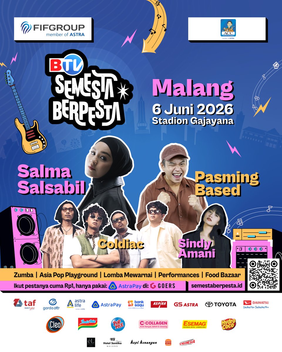 Beritasatu's tweet photo. HERE WE GO LINE UP MALANG! 🌅⁣⁣
⁣
Ini kan yang kalian tunggu?😝 Yuk seru-seruan di Stadion Gajayana bareng Salma Salsabil, Pasming Based, Coldiac dan Siny Amani. Catat tanggalnya ya, dan sampai jumpa di panggung Semesta Berpesta Malang!⁣⁣
⁣
⏰ 6 Juni 2026⁣
📍Stadion Gajayana, Kota Malang⁣
⁣
Ikuti terus sosial media Semesta Berpesta untuk informasi tiket lebih lanjut.⁣⁣
⁣
#SemestaBerpesta #SemestaBerpesta2026 #Malang #KonserMalang