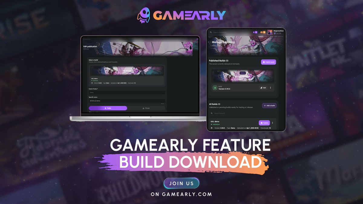 Gamearly's tweet photo. 20,000 games on Steam every year. 
Most disappear within 72 hours. 
Not because they're bad. 
Because they launched without signals. 🎮

Steam isn't the only option anymore.
On Gamearly you upload your build. Your players test. And around it there are votes, quests, A/B tests and concrete KPIs.

Our launcher is here to co-create tomorrow's games with players.

A launch should never be a surprise. 👇

#GameDev #IndieGame #Gamearly #Playtest #UnitedToCreate