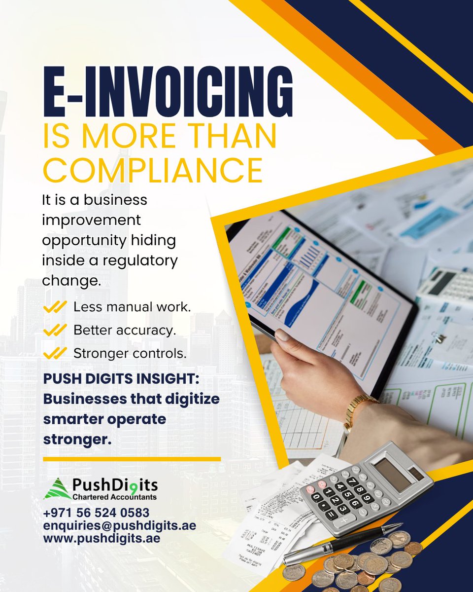 pushdigitsae's tweet photo. An invoice delay can become a payment delay.
UAE e-invoicing isn’t just compliance.
It’s faster processes, better control, and stronger cash flow.
+971 56 524 0583
enquiries@pushdigits.ae
#EInvoicing #DigitalTransformation #UAEBusiness #BusinessOperations #PushDigits https://t.co/aokngb3a1F