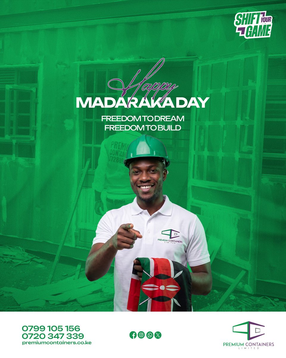 Premium2008's tweet photo. This Madaraka Day, we celebrate the courage, ambition and resilience that continue to shape our nation. Here's to the builders, believers, dreamers, investers and communities that inspire and create a stronger Kenya everyday. 
Happy and blessed Madaraka Day from all of us at Premium Containers Kenya. 
#PremiumHolidays #MadarakaDay #ProudlyKenya #PremiumContainers #ShiftYourGame