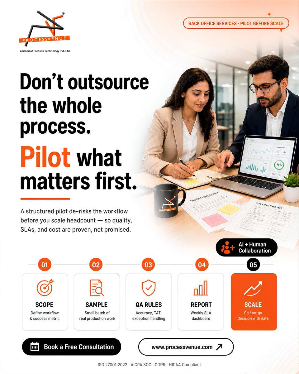 ProcessVenue's tweet photo. Before you scale outsourcing, validate the workflow.

A structured pilot helps you test quality, SLAs, reporting, and cost with real data before making a bigger commitment.

Book a free consultation.

#Outsourcing #BackOfficeSupport #PilotProgram #BusinessGrowth #ProcessVenue https://t.co/Nh9NAimffe