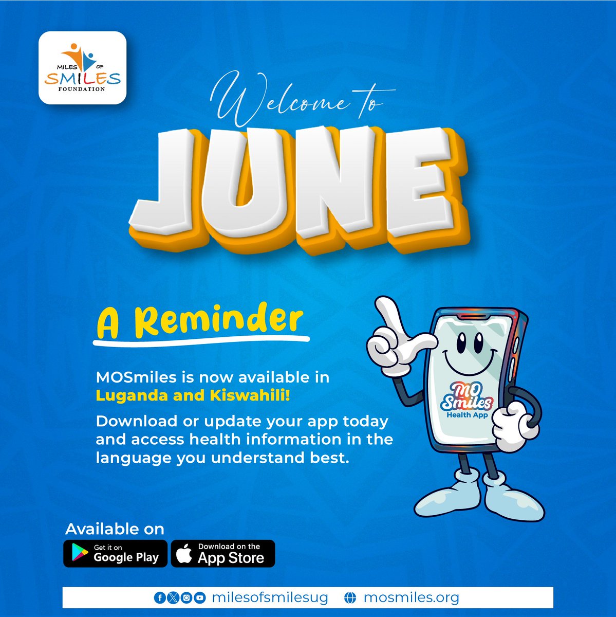 MOSmilesUg's tweet photo. Welcome to June! 🗓️ Quick reminder:
To make sure healthcare information is accessible to everyone, the MOSmiles Health App is now fully available in Luganda and Kiswahili! 🇺🇬🇰🇪🇹🇿
#MOSmiles #DigitalHealth #HealthForAll #AppUpdate https://t.co/Lfsjxx2UqQ