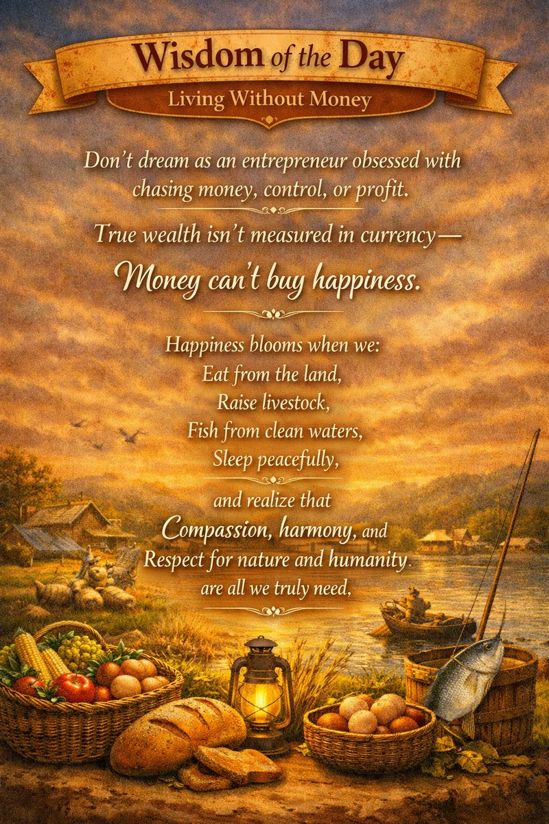 MSGumelar's tweet photo. “Don’t dream as an entrepreneur obsessed with chasing money, control, or profit. True wealth isn’t measured in currency - money can’t buy happiness. Happiness blooms when we eat from the land, raise livestock, fish from clean waters, sleep peacefully"

https://t.co/GJFo1Lbptu https://t.co/B63bFybVeh