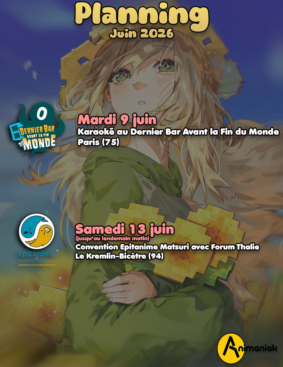 AssosAnimaniak's tweet photo. Voici notre planning pour juin 2026 !     

🎤 Mardi 9 juin : Karaoké au Dernier Bar de Paris (75)    

 🌤️🌙 Samedi 13 juin (jusqu'au lendemain matin): Convention Epitanime au Kremlin-Bicêtre (94)

Plus d'informations bientôt ! https://t.co/7DYr1zsm0o