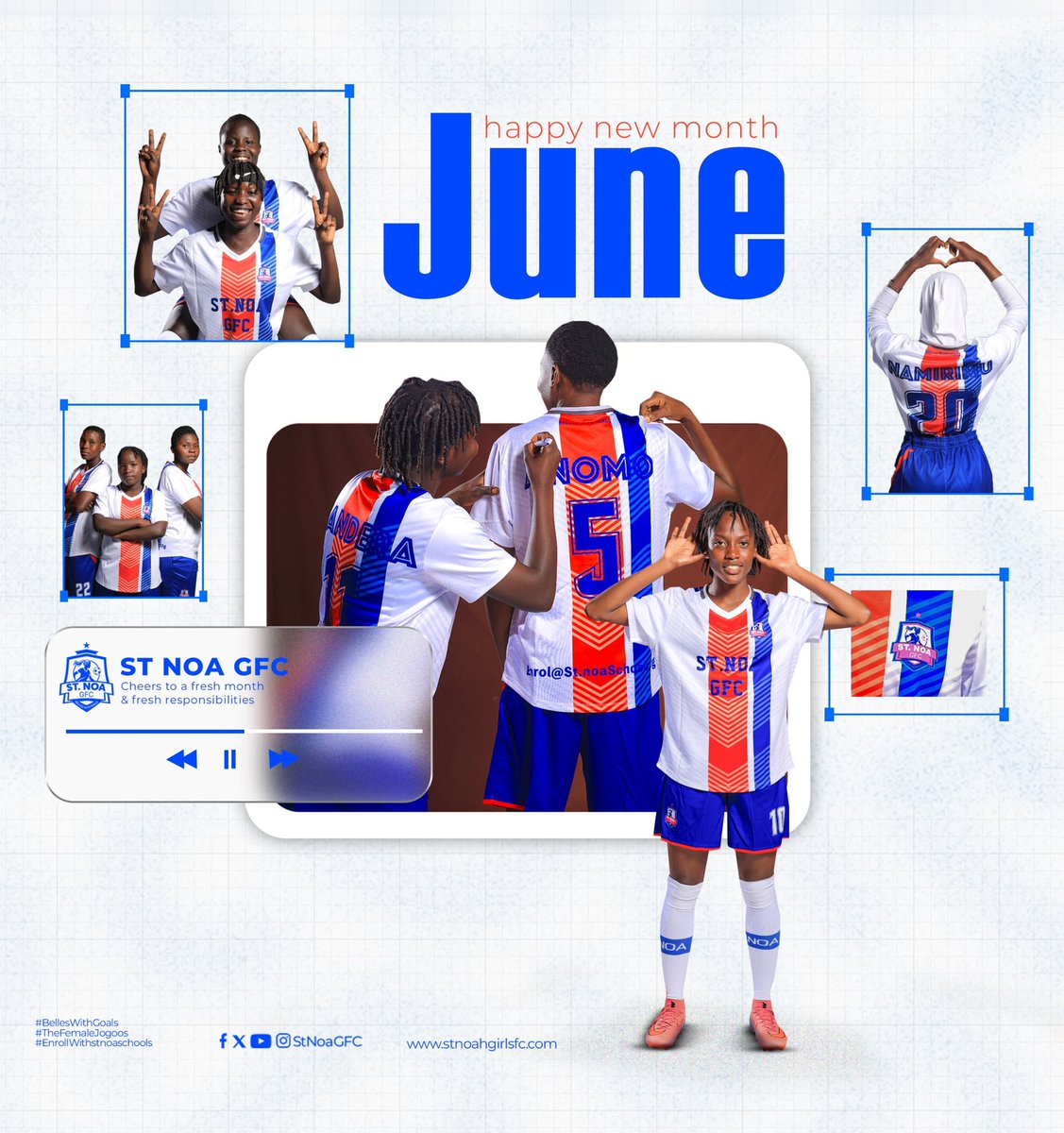 GfcNoa's tweet photo. St Noa Girls Football Club #TheBellesWithGoals wishes all our players, coaches, supporters, and partners a wonderful month of June filled with happiness, success, and new opportunities.
May this month bring growth, teamwork, confidence, and many reasons to celebrate both on and off the pitch.

@StNoaSchools
@SCVillaJogoo
@Kamira_Asha
@FUFAWSL
#TheFemaleJogoos #enrollwithstnoaschools