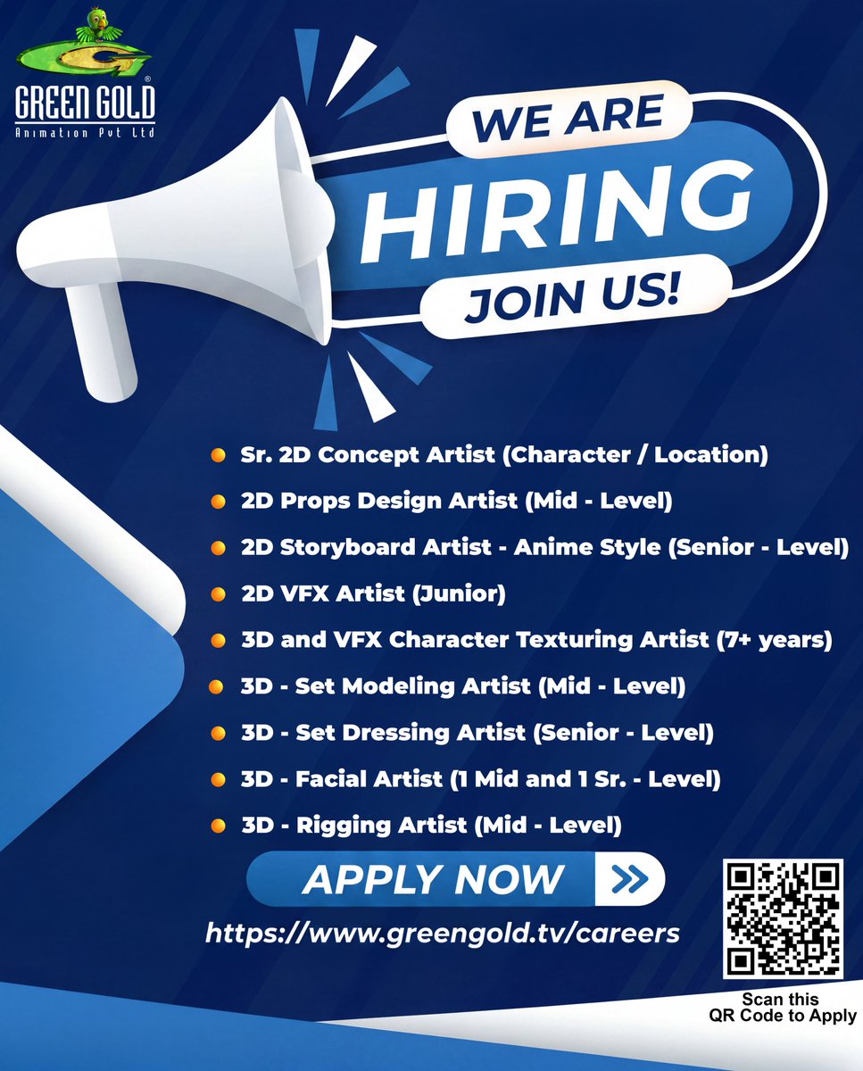 greengoldtv's tweet photo. We are looking for passionate professionals to join our team across various roles. This is your chance to be part of exciting projects and grow with a creative, high-performing team.
Apply Now: https://t.co/GA5S4P4GE3
#WeAreHiring #GreenGoldAnimation #GreenGold #GreenGoldCareers https://t.co/mPe4I0OpPH
