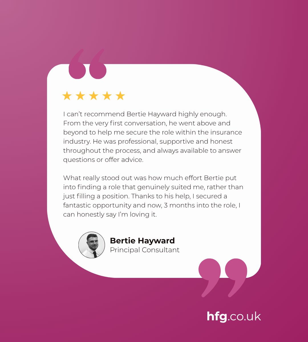 HFGInsuranceRec's tweet photo. Great feedback for Bertie Hayward 👏

It's fantastic to see Bertie recognised for the time and effort he puts into understanding what candidates are looking for and helping them find opportunities that are the right fit.

#HFGroup https://t.co/EgaFOahNDf