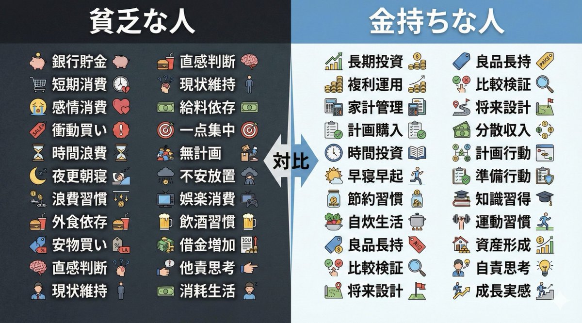 git_blog's tweet photo. 貧乏な人｜金持ちな人
ーーーーーーーーーーー
銀行貯金｜長期投資
短期消費｜複利運用
感情消費｜家計管理
衝動買い｜計画購入
時間浪費｜時間投資
夜更朝寝｜早寝早起
浪費習慣｜節約習慣
外食依存｜自炊生活
安物買い｜良品長持
直感判断｜比較検証
現状維持｜将来設計
給料依存｜副業収入
一点集中｜分散投資
無計画｜計画行動
不安放置｜準備行動
娯楽消費｜知識習得
飲酒習慣｜運動習慣
借金増加｜資産形成
他責思考｜自責思考
消耗生活｜成長実感

このような発信は@git_blog
