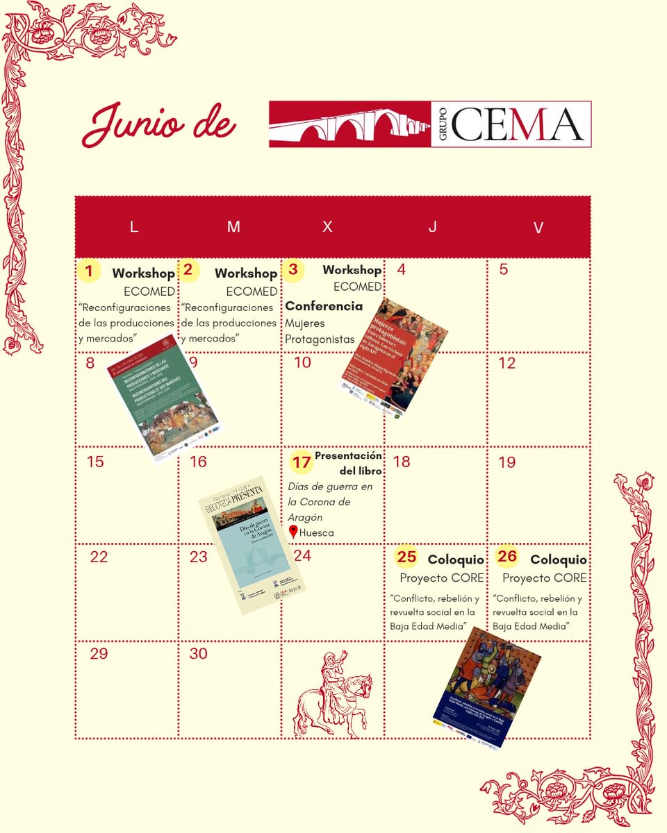cema_investiga's tweet photo. ¡Estrenamos calendario! 🌞 Junio ya está aquí y va a ser un mes lleno de actividades para los miembros del CEMA 👩‍💻🧑‍💻 Desde los mercados del Mediterráneo hasta las vecinas de Zaragoza y las revueltas bajomedievales, pasando por firma de libros, ¡no os lo perdáis! https://t.co/o7EIG62NSq