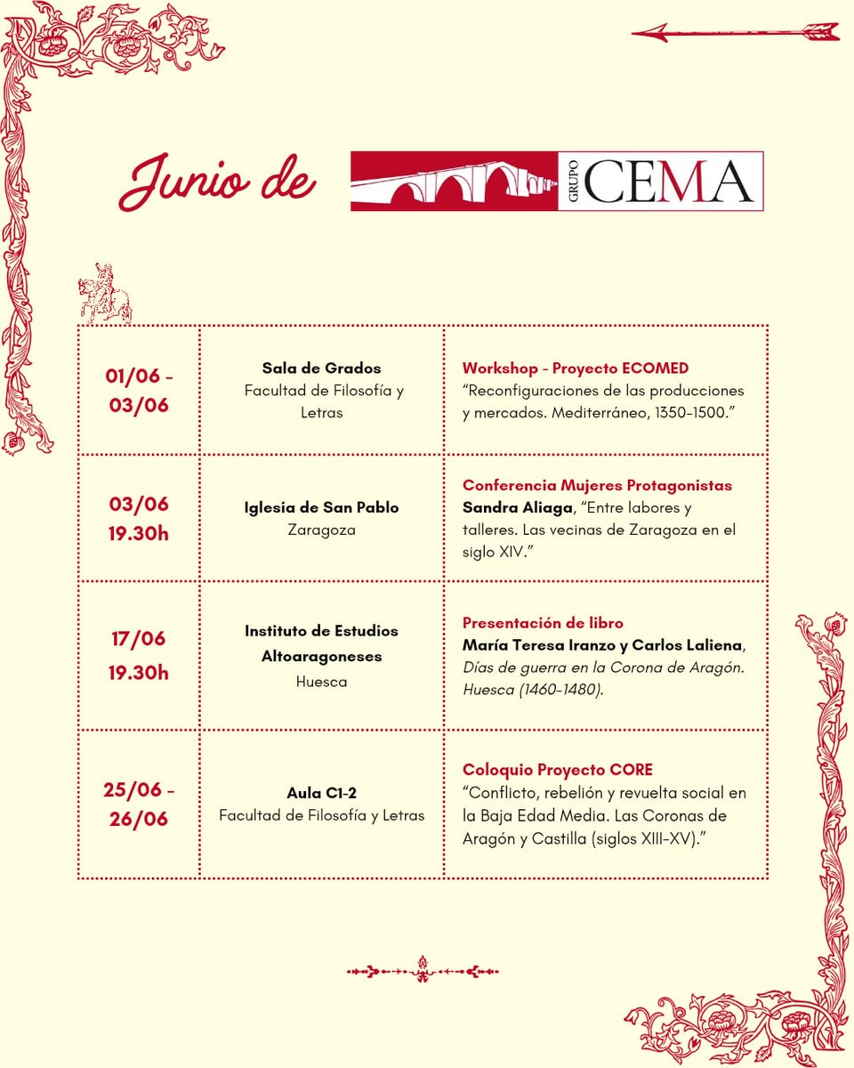 cema_investiga's tweet photo. ¡Estrenamos calendario! 🌞 Junio ya está aquí y va a ser un mes lleno de actividades para los miembros del CEMA 👩‍💻🧑‍💻 Desde los mercados del Mediterráneo hasta las vecinas de Zaragoza y las revueltas bajomedievales, pasando por firma de libros, ¡no os lo perdáis! https://t.co/o7EIG62NSq