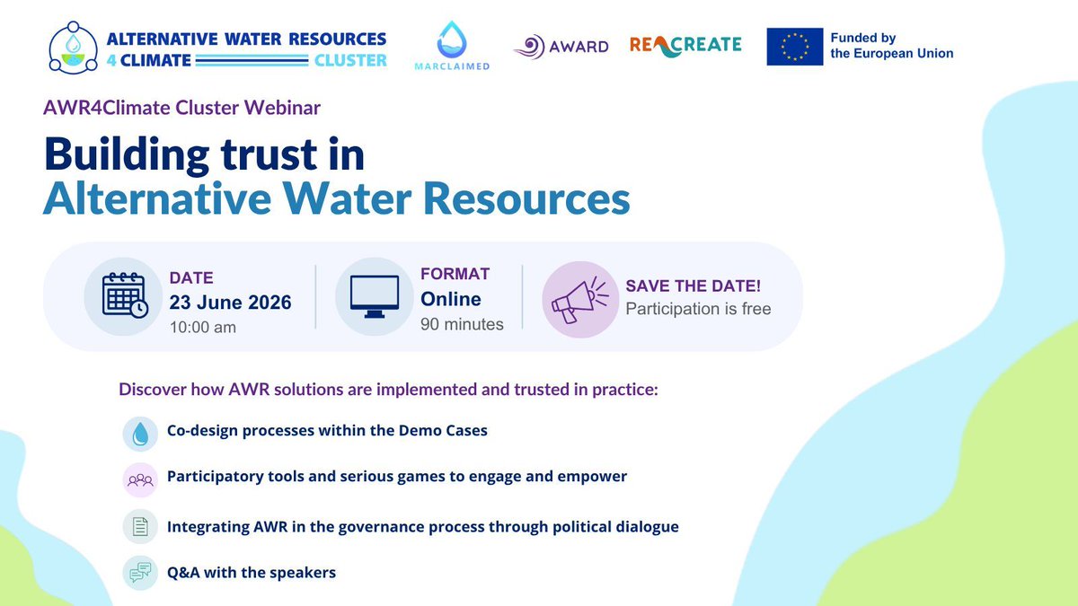 marclaimed's tweet photo. 💧Why does trust matter for #AlternativeWaterResources?

Technical success is only half the battle, public confidence &amp; clear governance are the keys to a resilient future. 🤝

Join MARCLAIMED &amp; the #AWR4Climate cluster on 23/06. Register here: https://t.co/1sD07TrIRi https://t.co/0rjS93pAeR