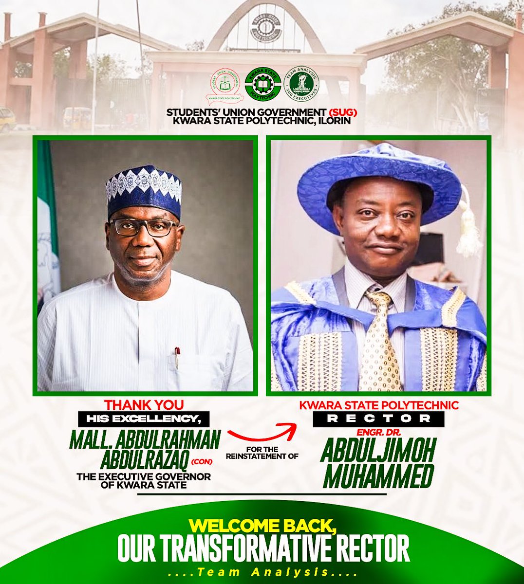 Kwarapoly_sug's tweet photo. A WARM WELCOME TO OUR PROJECT RECTOR, ENGR. DR. ABDUL JIMOH AND APPRECIATION TO HIS EXCELLENCY, GOVERNOR ABDULRAHMAN ABDULRAZAQ
@followKWSG @Kwarastatepoly @RealAARahman @EAZYKAY01 https://t.co/gTaPgbRn5c