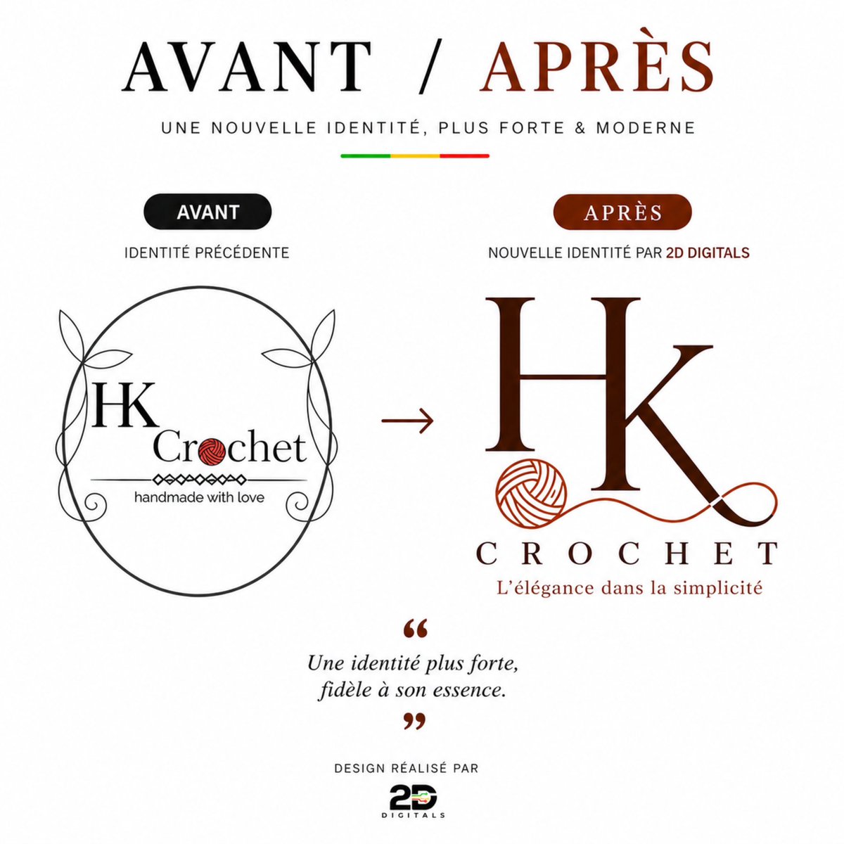 2dDigitals's tweet photo. Une marque qui évolue mérite une identité à sa hauteur.

HK Crochet fait peau neuve avec un logo plus moderne, élégant et fidèle à son univers. 

Merci pour la confiance accordée à 2D Digitals.

#AvantApres #HKCrochet #IdentitéVisuelle #Branding #2DDigitals https://t.co/f61LzAQb1l