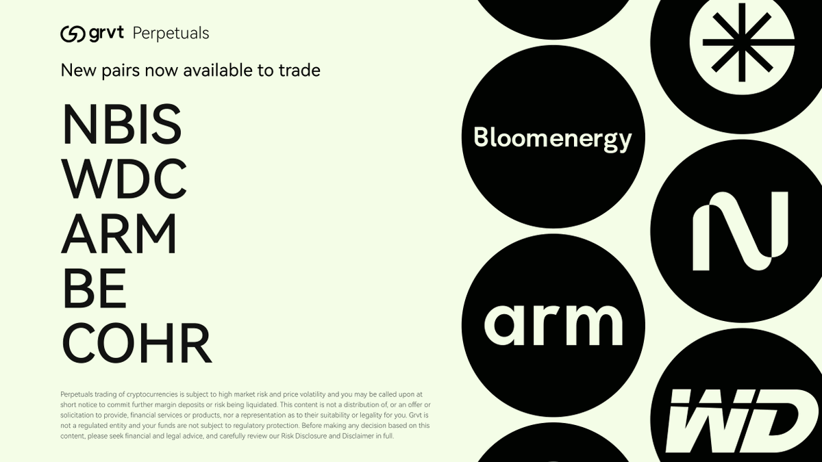 grvt_io's tweet photo. Grvt's equity perps lineup keeps growing, bridging DeFi and real-world assets, one ticker at a time.

☼ Nebius Group (NBISUSDT)
☼ Western Digital (WDCUSDT)
☼ Arm Holdings (ARMUSDT)
☼ Bloom Energy (BEUSDT)
☼ Coherent Corp (COHRUSDT)

Get started: https://t.co/HXqMD27rJ0 https://t.co/OgRpDizlqU