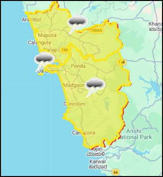 GoaImd's tweet photo. NOWCAST WEATHER WARNING ISSUED BY IMD GOA : Thunderstorms accompanied with lightening and strong surface winds gusting to 40-50 kmph is very likely to occur at a few places over North Goa and South Goa in next 1-3 hours. TOI 1600 IST https://t.co/EkpfruAWOQ