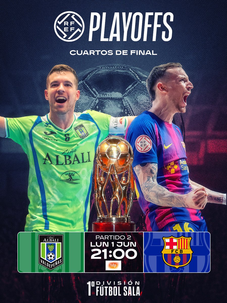FutSalRFEF's tweet photo. 🤜🏻🤛🏻 ¡Un segundo asalto lleno de emoción!

🎮 Partido 2.
📅 Lunes, 1 de junio.
🆚 @VinaAlbaliFS - @FCBfutbolsala.
⏰ 21h.
📺 @teledeporte.

#PlayOffsFS https://t.co/Bf9YmbfT40