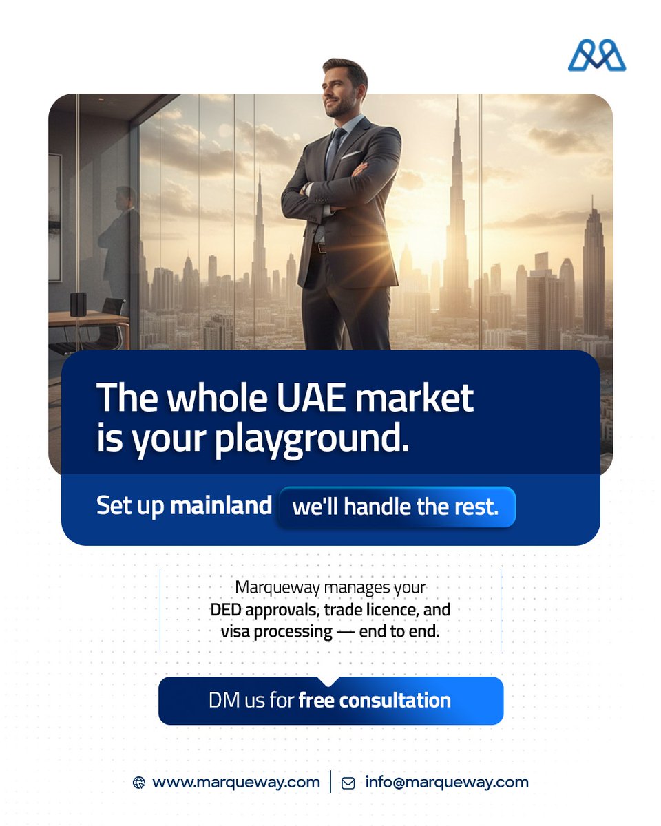 marquewaygroup's tweet photo. Want to do business anywhere in the UAE?

A mainland company gives you the freedom to trade across the UAE without restrictions. 

DM us for a free consultation.

#MainlandCompany #BusinessSetupUAE #DubaiBusiness #UAEBusiness #CompanyFormationUAE #EntrepreneurUAE https://t.co/DQpPBCkZAk