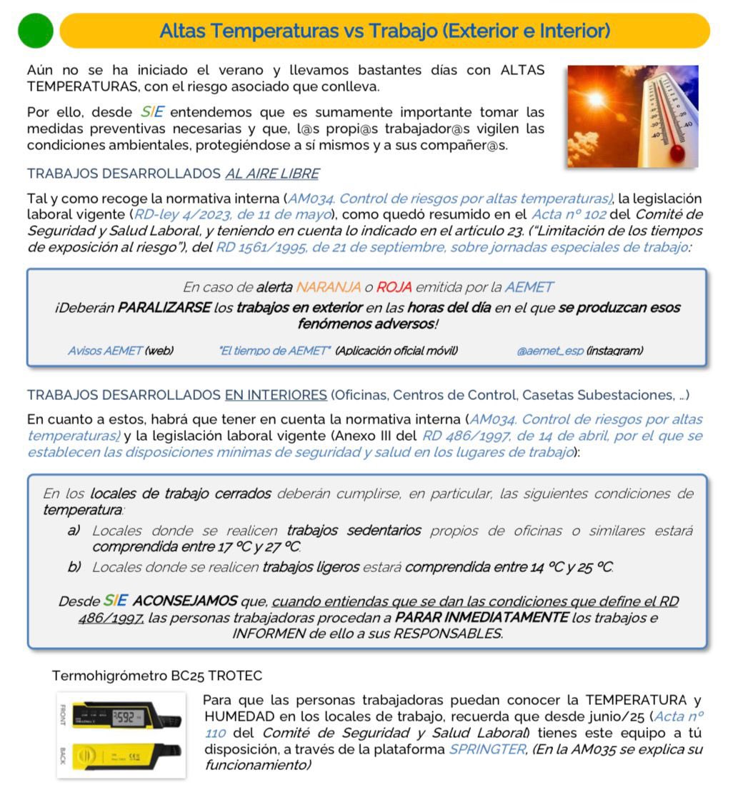 SIE_Redeia's tweet photo. En caso de alerta por alta temperatura NARANJA🟧 o ROJA🟥 emitida por @AEMET_Esp,  se deben  PARALIZAR los trabajos en exterior en esas horas del día.

Os mostramos la normativa aplicable a Red Eléctrica y las medidas más importantes.👇 https://t.co/yjmDsgbGeN