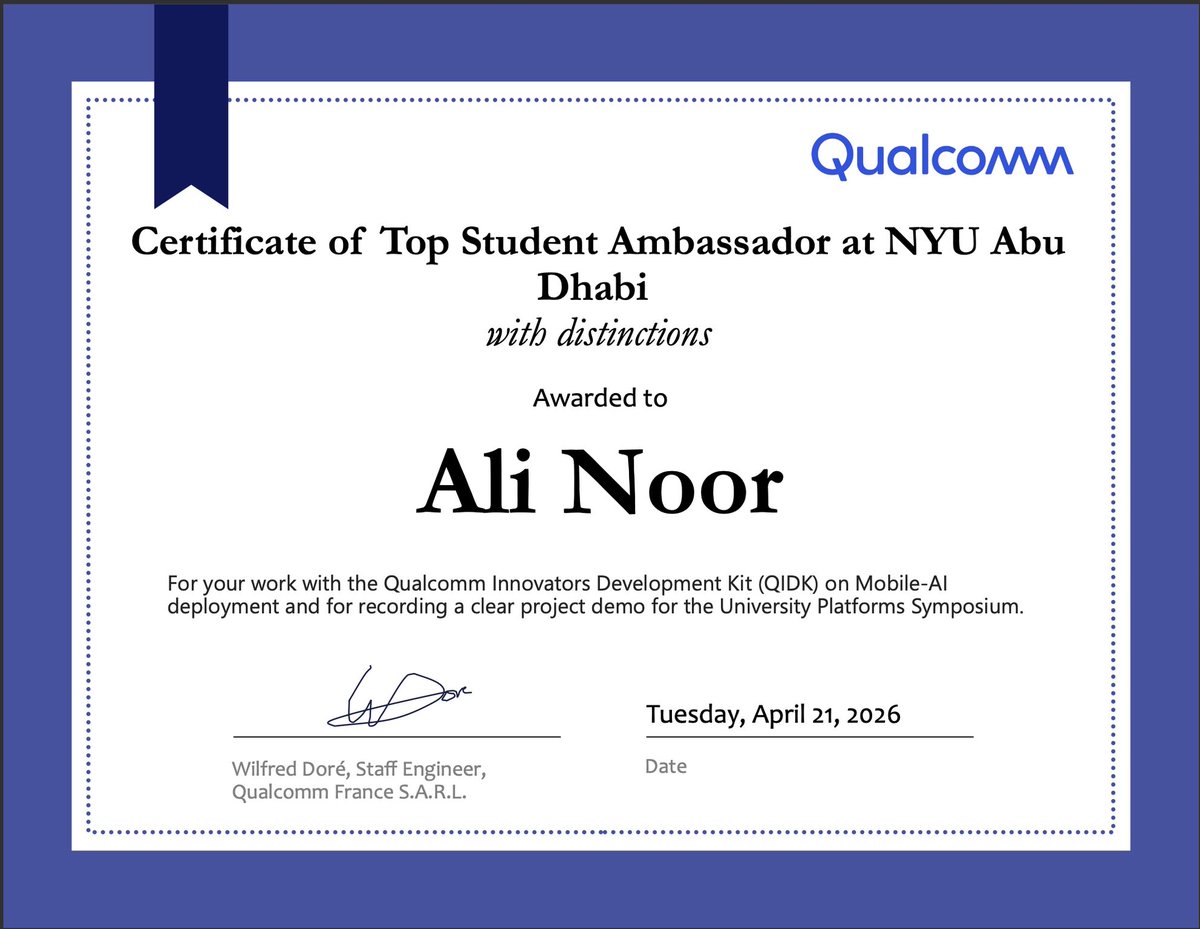 CCS_NYUAD's tweet photo. 🏆 Proud to share that Prof. Muhammad Shafique, Dr. Rachmad V. W. Putra, and Ali Noor have been recognized at the Qualcomm University Platform Symposium 2026.

👏 Congratulations!

#MobileAI #ArtificialIntelligence #CyberSecurity #NeuralNetworks #AIResearch #Qualcomm #Innovation https://t.co/GwOqtqYTfp