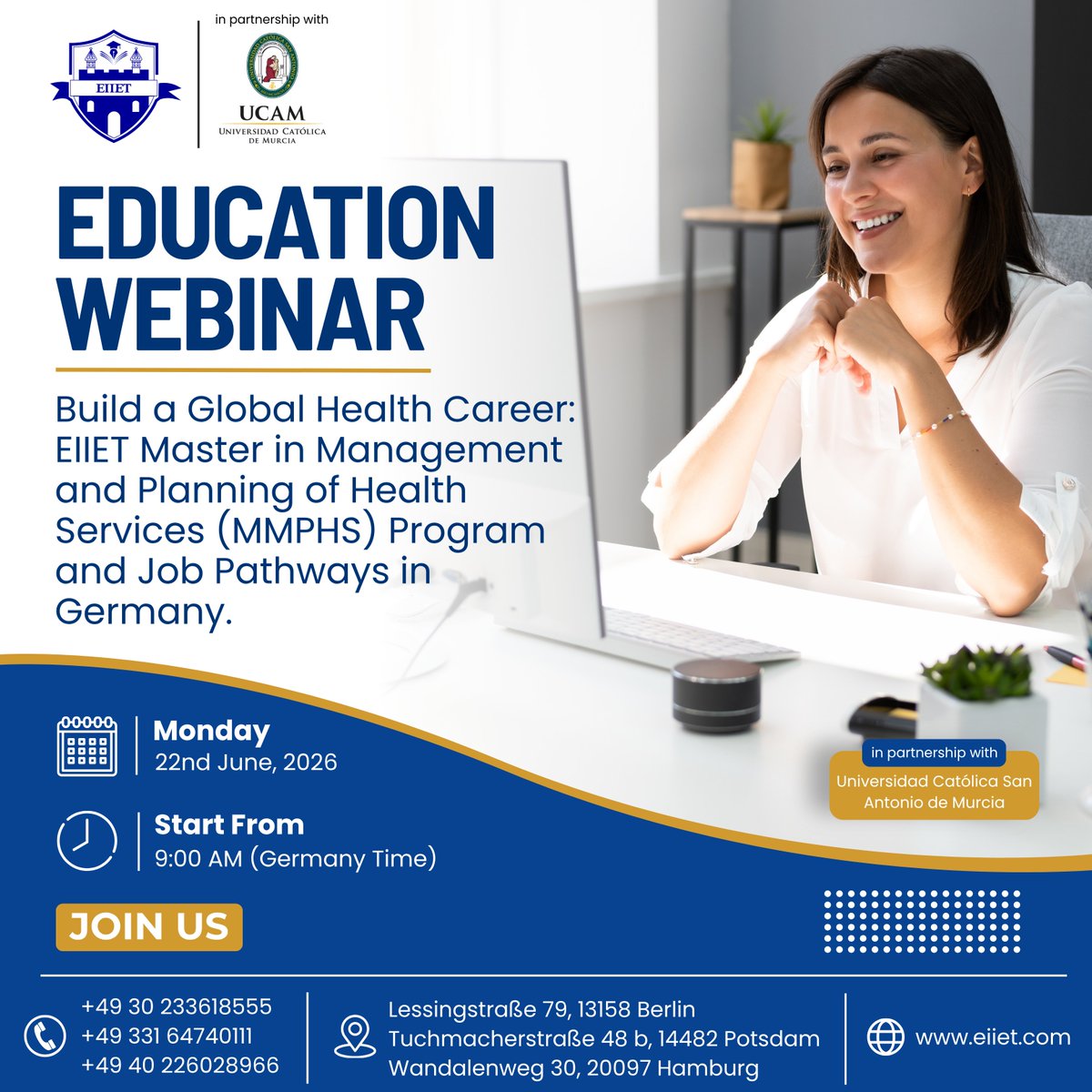 eiietberlin's tweet photo. Join our exclusive webinar and discover how EIIET’s Master in Management and Planning of Health Services (MMPHS) program 
Date: 22nd June 2026
Time: 9:00 AM (Germany Time)
Platform: Google Meet
Link: https://t.co/TCp54piVTp https://t.co/MQyqYgmLTU