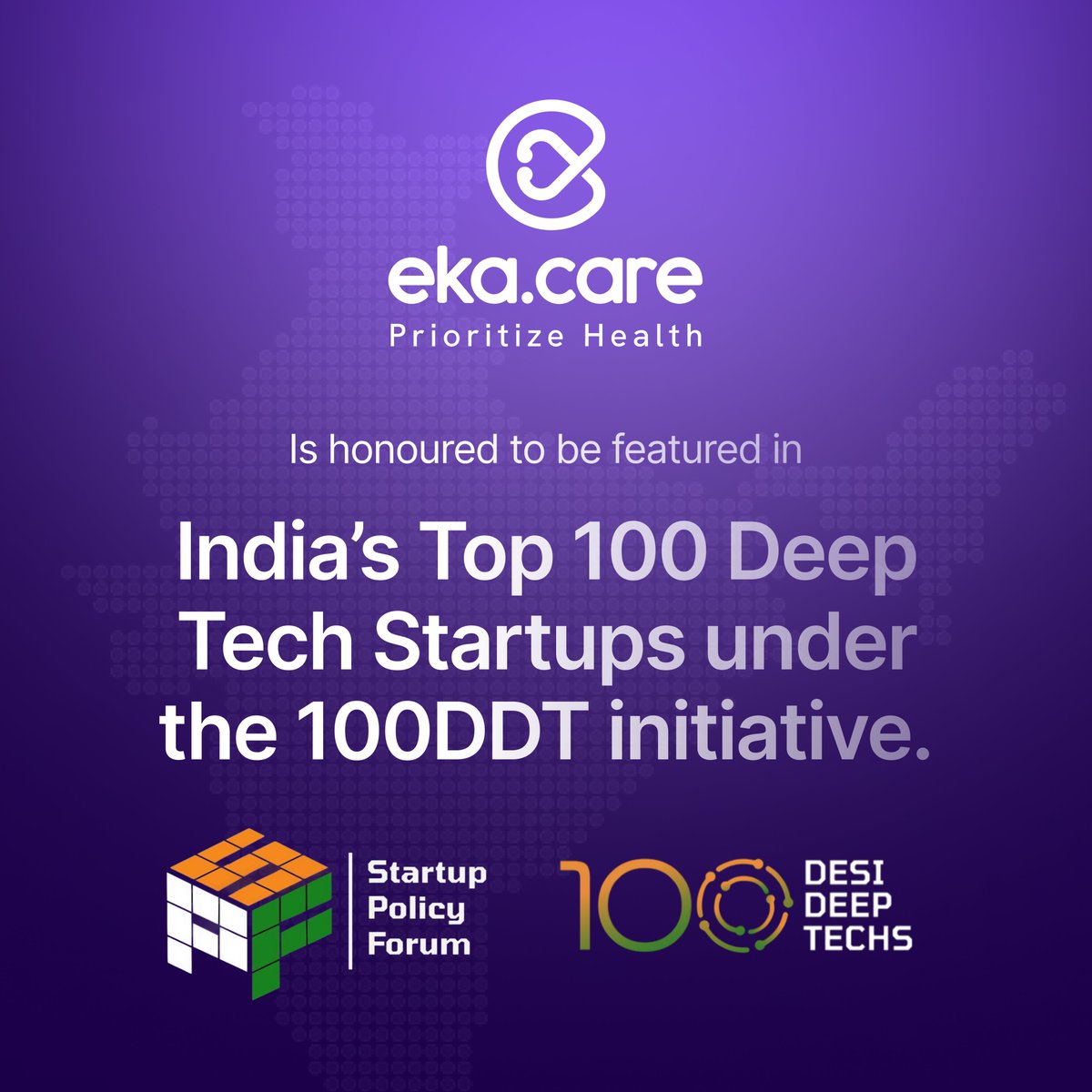 ekacareHQ's tweet photo. Proud to share that @ekacareHQ has been recognised among India’s Top 100 Deep Tech Startups under the #100DesiDeeptechs initiative by Startup Policy Forum 🇮🇳

More to build. More to solve. 🚀

Read More: https://t.co/OYeeeM9Lwu

#100DDT #DeepTech #HealthTech #IndiaAI #HealthAI https://t.co/NuIQoZJE2L