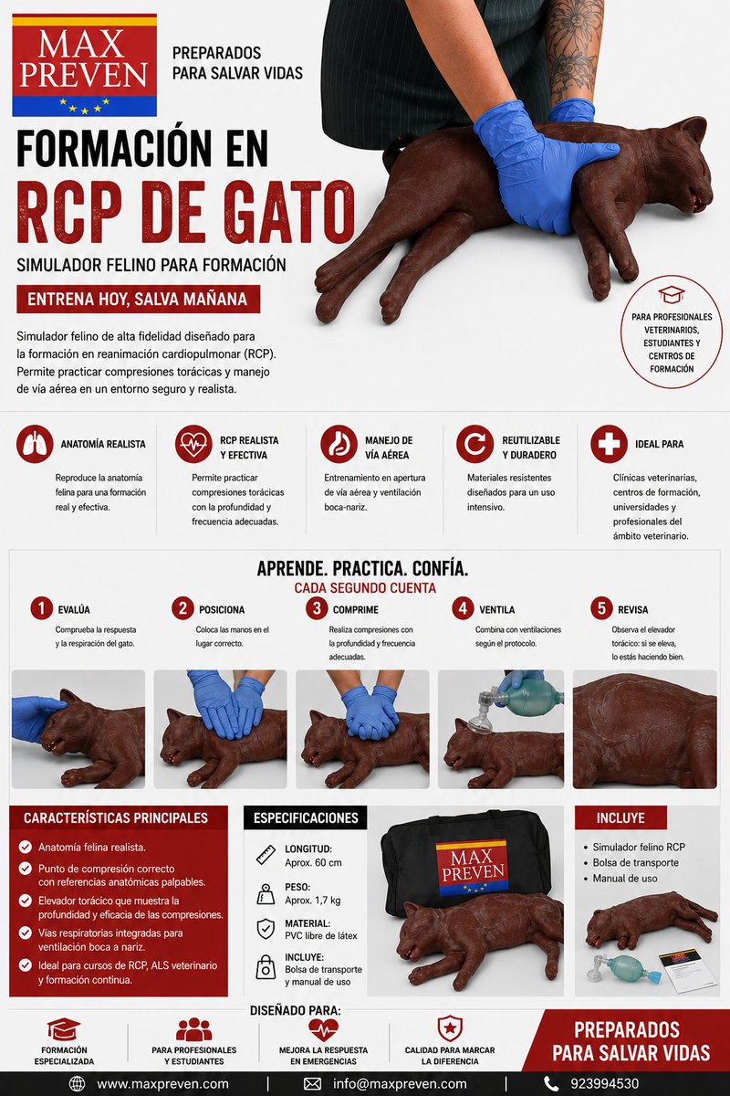 maxpreven's tweet photo. 🐱🚒 ¿Están preparados los equipos de rescate para actuar cuando la víctima es un animal?
El simulador felino de RCP permite entrenar técnicas  reanimación cardiopulmonar, manejo de la vía aérea y respuesta ante emergencias veterinarias en un entorno seguro y realista.#maxpreven https://t.co/JQQ5aneUy0