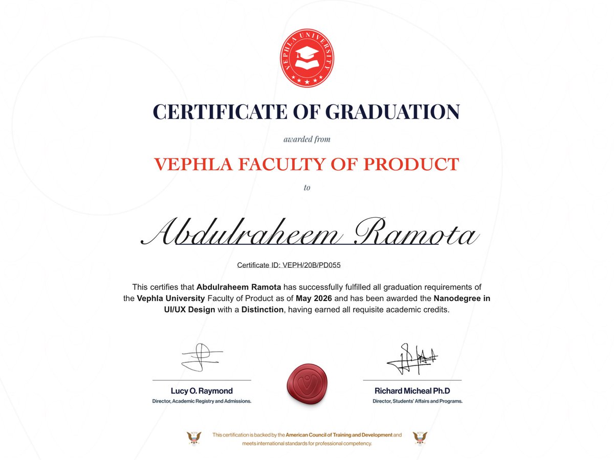 _opeyemi__'s tweet photo. Excited to have completed the Product Design program at @VephlaUni !

Thanks to my mentor @Emperorkoch &amp; my cohort members for the support.

I'm #OpenToWork for Product Design roles, internships &amp; freelance! 
#UXDesign #UIUX #ProducingX https://t.co/h8JGNslwrh