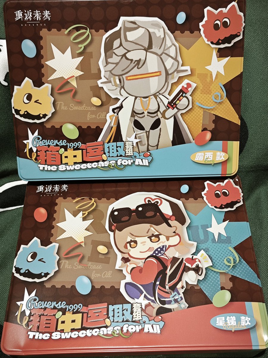 リバース1999とM&M'Sのコラボ缶。レグルス、ルーシー、ウルリッヒの3