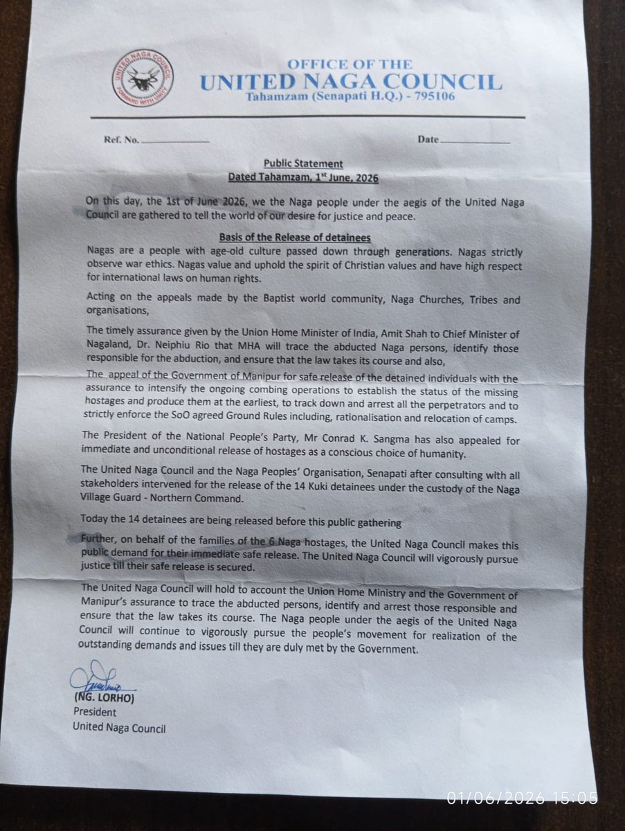 meiteiheritage's tweet photo. Welcome gesture from Naga Tribes.

Responding to the humanitarian appeal and assurance of action by Union Home Ministry and Manipur Govt, UNC to release 14 Kuki civilians.

We appeal to the Chin Kuki groups to take a leaf out of this and show humanity by releasing the 6 Naga civilians held captive by the Kuki National Front KNF, the militant group under so called Suspension of Operations with the the GOI and GOM, which gives them immunity.

We truly hope they are alive. 

Kuki Militants are known to execute civilians in cold blood and refuse to  handover their bodies.

Till date more than 30 Meitei civilians are missing (presumed dead) and their bodies are yet to be recovered.