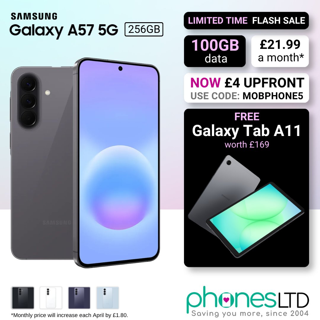 Phones_Limited's tweet photo. Claim a Free Galaxy Tab A11 worth £169 with selected contract deals for the superb new Samsung A57!
Order from a participating retailer before June 23rd 2026 to qualify 👍
Choose your preferred colour scheme and compare the cheapest Samsung Galaxy A57 5G deals today >>> https://t.co/kmP8LTWOKu 
#samsunga57 #freetablet #samsung #galaxytab