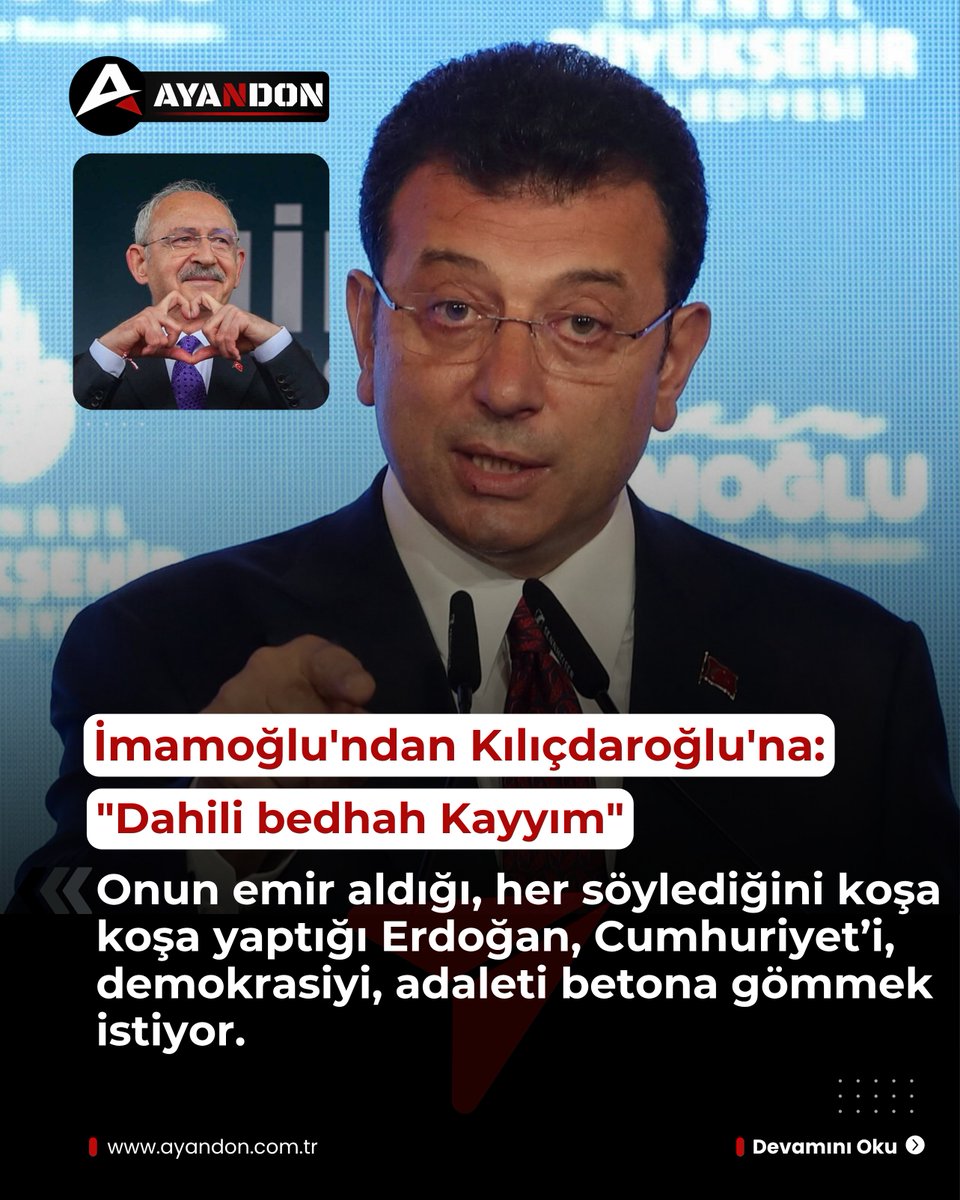 ayandon's tweet photo. Ekrem İmamoğlu: (Kemal Kılıçdaroğlu hk.)

"'Dâhili bedhah kayyım' diyorum ben ona. 

Onun emir aldığı, her söylediğini koşa koşa yaptığı Erdoğan, Cumhuriyet’i, demokrasiyi, adaleti betona gömmek istiyor." https://t.co/0Fdxwj3XoE