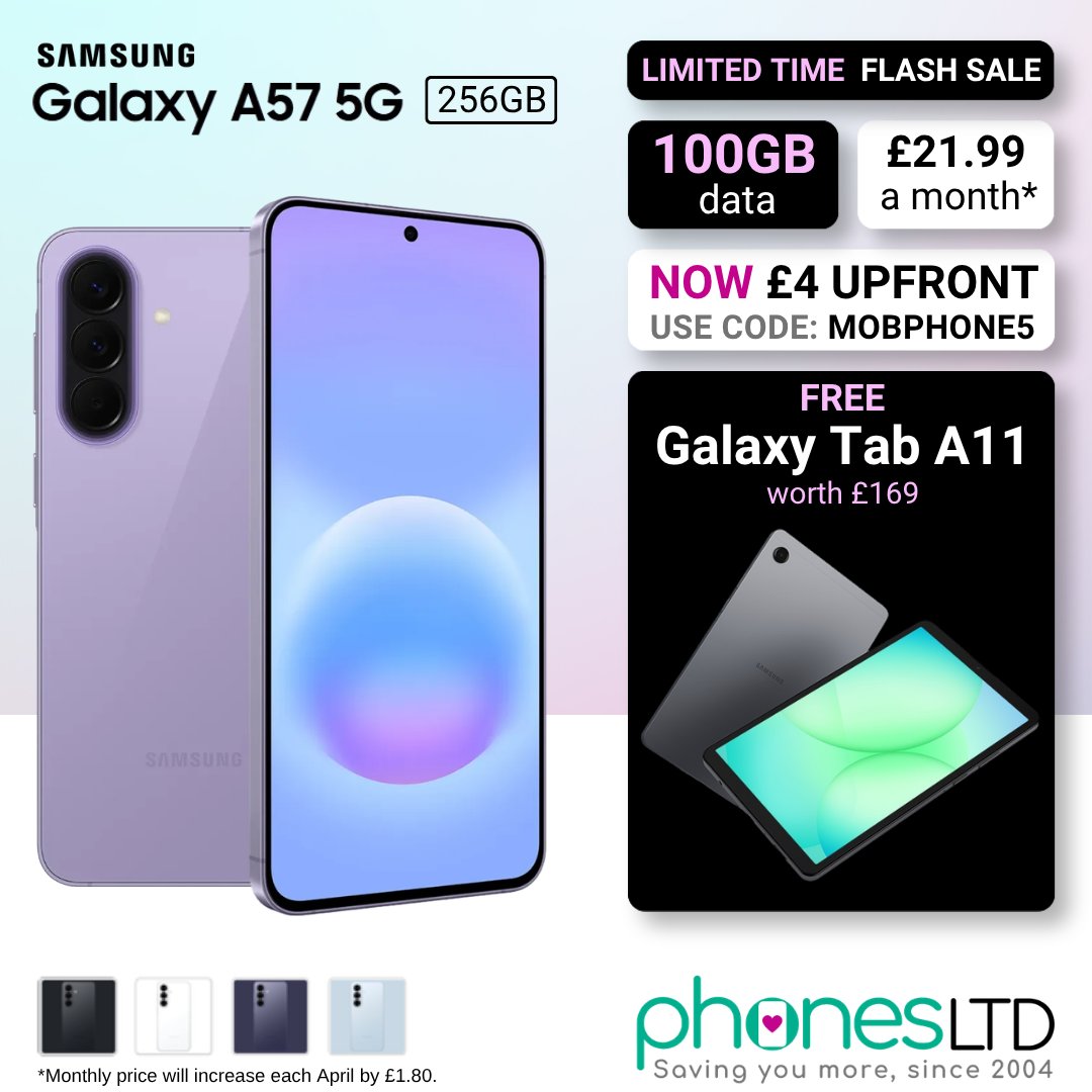 Phones_Limited's tweet photo. Claim a Free Galaxy Tab A11 worth £169 with selected contract deals for the superb new Samsung A57!
Order from a participating retailer before June 23rd 2026 to qualify 👍
Choose your preferred colour scheme and compare the cheapest Samsung Galaxy A57 5G deals today >>> https://t.co/kmP8LTWOKu 
#samsunga57 #freetablet #samsung #galaxytab