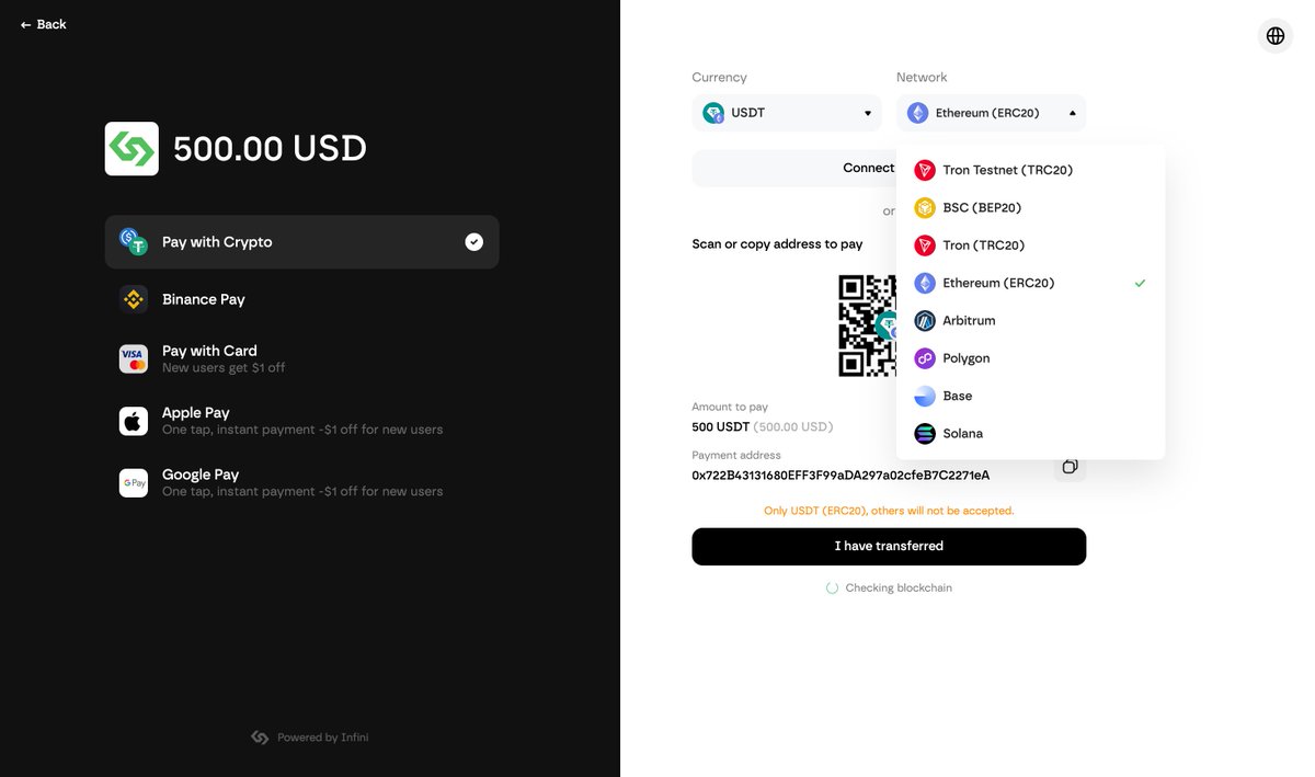 0xinfini's tweet photo. Breaking Payment Boundaries: Infini Now Supports Multi-Chain Crypto Collection

For businesses expanding across borders, the breadth of your payment coverage directly influences the reach of your business. We know that letting your customers pay in their preferred cryptocurrencies is key to driving conversion.

Today, we're excited to announce a major upgrade to Infini's crypto collection capabilities. We now officially support 4 major cryptocurrencies across mainstream blockchains:

🔵 ETH — Ethereum
🟡 BNB — BNB Chain
🔴 TRX — TRON
🟣 SOL — Solana

🔗 https://t.co/MNhk0qGOvo