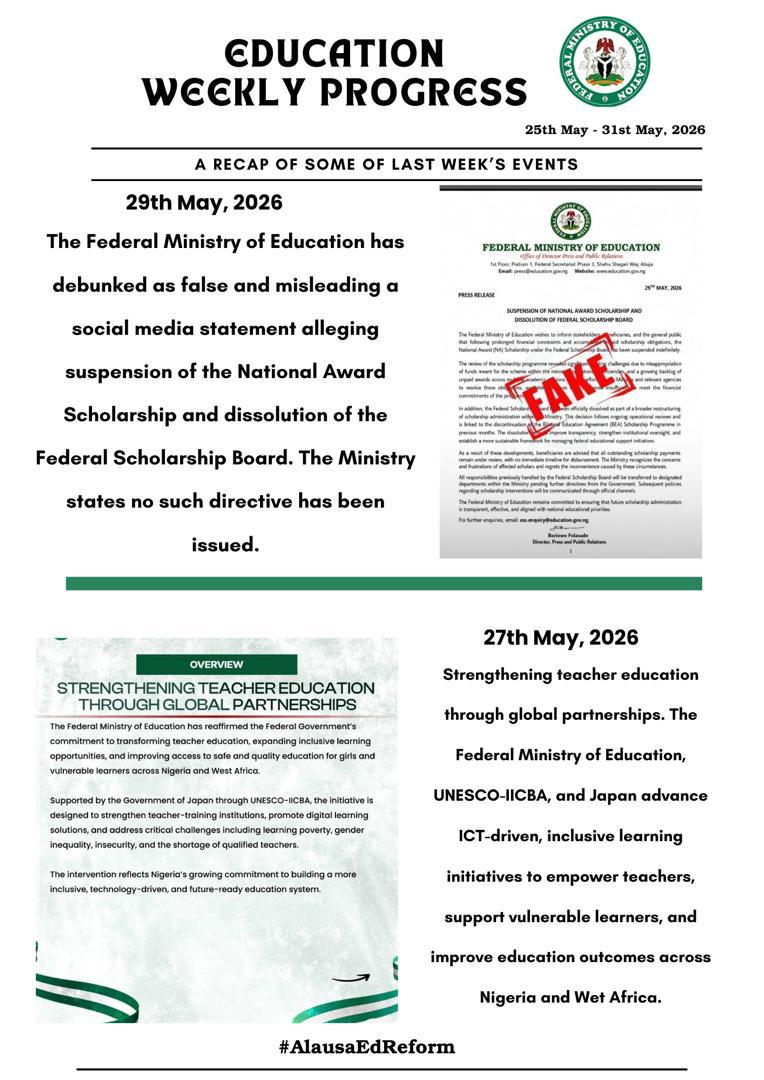 Prince_DavidY's tweet photo. Education weekly Progress! 
Welcome to another productive week. 
A quick look at what the minister of @NigEducation 
@DrTunjiAlausa was upto last week. 
#AlausaEdReform https://t.co/BJoxGwJNo2