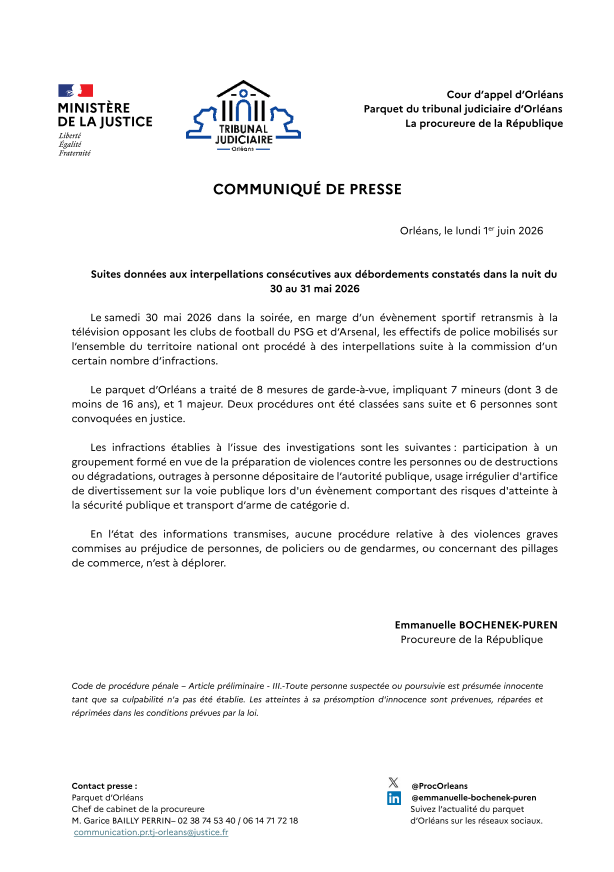 ProcOrleans's tweet photo. #LigueDesChampions | Suites données aux interpellations consécutives aux débordements constatés dans la nuit du 
30 au 31 mai 2026.

Notre communiqué de presse 📷

@PoliceNat45 @Gendarmerie_045 @SDIS45 https://t.co/siB88wxZOn