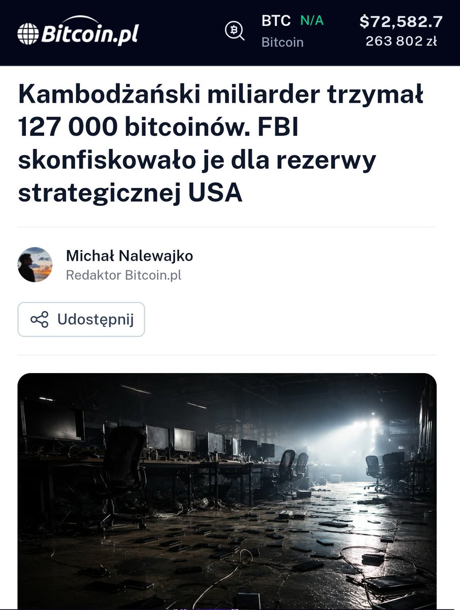 LKraskowski's tweet photo. Kambodżański miliarder trzymał 127 tysięcy bitcoinów! FBI skonfiskowało je dla rezerwy strategicznej USA. 

Operation Blackout - największa konfiskata krypto w historii USA: 127 271 bitcoinów wartych ponad 8 miliardów dolarów, zajętych od sieci scam.

Sekretarz Skarbu Scott Bessent potwierdził w styczniu: wszystkie skonfiskowane bitcoiny trafiają do Strategic Bitcoin Reserve, ale dopiero po zaspokojeniu roszczeń ofiar.

USA trzyma już 328 372 bitcoinów - 127 000 to 39% tej sumy. Jedno śledztwo może niemal podwoić państwową rezerwę.

Kongres złożył tydzień temu American Reserve Modernization Act - chce zablokować te BTC na 20 lat.

Wyobraź sobie firmę, która działa legalnie na papierze - biura, pracownicy, recepcja. W środku setki ludzi siedzą przy komputerach i wciągają ofiary w fałszywe inwestycje krypto. Część pracowników trafiła tam dobrowolnie. Część została zwabiona fałszywą ofertą pracy i nie może wyjść. Takie miejsca nazywają się scam compounds (fabryki scamów) - i przez ostatnią dekadę wyrosły w całej Azji Południowo-Wschodniej jak grzyby po deszczu.

28 maja FBI ogłosiło, że właśnie rozbiło największą z tych siatek w historii. Efekt: 127 271 bitcoinów w rękach amerykańskiego rządu.

Kim był nasz kambodżański miliarder i co zbudował?

Centrum całej operacji był Chen Zhi, 38-letni chiński miliarder, który zbudował w Kambodży imperium pod nazwą Prince Holding Group. Zaczynał od nielegalnych kasyn i nieruchomości, potem przestawił się na przemysłową skalę cyberprzestępczości i oszustw telekomunikacyjnych.

Mechanizm działania jego sieci to tzw. pig butchering - dosłownie "tuczenie świń przed ubojem". Ofiara poznaje kogoś w mediach społecznościowych, buduje relację przez tygodnie, a potem zostaje wciągnięta w inwestycje na fałszywej platformie krypto. Wpłaca. Widzi rosnące zyski. Próbuje wypłacić i napotyka kolejne "opłaty". Wpłaca więcej. Platforma znika.

W październiku 2025 USA i Wielka Brytania nałożyły skoordynowane sankcje na Chena i 146 powiązanych podmiotów. Departament Sprawiedliwości złożył wniosek o konfiskatę 127 271 bitcoinów. W styczniu 2026 Chen został aresztowany w Kambodży i deportowany do Chin. Operation Blackout z końca maja to formalne domknięcie tej sprawy - FBI ogłosiło przejęcie aktywów i rozbiło pozostałe ogniwa sieci w Dubaju, Tajlandii i Mjanmie.

W Dubaju FBI i lokalna policja aresztowały 275 osób. Sześcioro zostanie ekstradowanych do USA. W Tajlandii zajęto tysiące smartfonów i sprzętu biurowego. Uwolniono prawie 2 000 przymusowo zatrudnionych pracowników.

Żeby poczuć skalę finansową: w 2025 roku Amerykanie złożyli prawie 72 000 skarg dotyczących scamów kryptowalutowych, ze stratami przekraczającymi 7,5 miliarda dolarów. Jeden holding odpowiadał za znaczną część tych strat.

Sekretarz Skarbu Bessent powiedział wprost: "Polityka tego rządu to dodawanie skonfiskowanych bitcoinów do naszej rezerwy cyfrowych aktywów po zaspokojeniu roszczeń poszkodowanych." Kolejność ma znaczenie: najpierw ofiary, potem rezerwa.

Ile zostanie dla rezerwy - tego nie wiadomo. Postępowanie sądowe potrwa. Część środków trafi do poszkodowanych. Ale nawet ułamek 127 000 BTC robi wrażenie w kontekście tego co USA już trzyma.

Stany Zjednoczone posiadają szacunkowo 328 372 bitcoiny warte ok. 25 miliardów dolarów - największy znany państwowy zasób BTC na świecie. Cały pochodzi z konfiskat kryminalnych, nie z zakupów. Innymi słowy: rezerwa strategiczna USA buduje się wyłącznie na pracy organów ścigania.

FBI rozbiło sieć przestępczą, aresztowało setki ludzi, uwolniło tysiące ofiar przymusowej pracy. 
USA konsekwentnie akumuluje bitcoiny przez aparat ścigania, podczas gdy Kongres jeszcze nie uchwalił rezerwy strategicznej jako prawa. 
#Bitcoin #kryptowaluty #USA #Kambodża