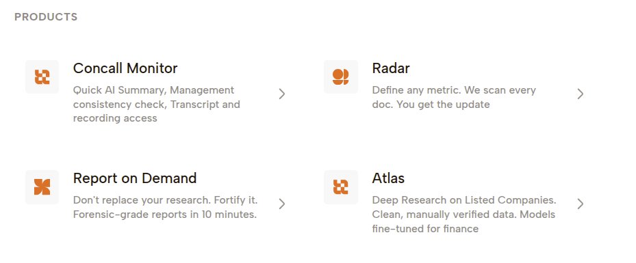 Nithin0dha's tweet photo. While everybody is busy stuffing an AI chatbot into every product, the folks at @Tijori1 are using AI to build high-quality market research tools. They’re calling it Tijori Stack, and what they are doing is taking the messy and scattered universe of company disclosures, financials, filings, concalls, and regulatory documents, and extracting useful insights.

They have several products:

1. Concall Monitor

Tracking concalls is annoying because the transcript comes after a few days. Then there’s the fact that you have to sit through one hour of management-speak just to find the three useful things they said. Tijori is trying to fix that.

With Concall Monitor, a few minutes after a concall ends, you get the full transcript and an AI-generated summary that extracts the key insights like pricing, margins, growth, demand, guidance, capex, risks, etc.
But the interesting thing is not just summarization but the management consistency check. Tijori tracks what management has said historically vs. what they are saying now. If a company promised something four quarters ago, the system can help track whether they followed through, changed the story, postponed the target, or pretended the earlier comment never happened.

2. Report on Demand

Tijori ingests pretty much all the filings and disclosures that a company makes, from financials, concalls, exchange filings, and regulatory disclosures to other company-specific documents. Using this, they generate different kinds of company reports:

Risk Probe Report gives you all the red flags and key risks.

Management Credibility Report looks at what management said versus what they actually did.

Five-year revenue and EBITDA estimate is an AI-assisted financial forecast grounded in company data.

All these reports are useful when you are doing first-pass research on a company. If you are tracking five companies and want to quickly figure out which are bad and which are worth researching further, these reports help. Instead of reading annual reports, concalls, exchange filings, presentations, and financials from scratch, you can use these reports to build a baseline view in minutes.

3. Radar

Radar is probably my favourite idea in the stack.

It allows you to define a metric or risk you care about for a particular company, and Tijori keeps scanning company disclosures and financials for relevant mentions. When the metric you define shows up, you get an alert.

And the metric does not have to be a typical financial metric.

You can track things like client concentration, employee growth, dollar revenue exposure, margin pressure, working capital stress, promoter pledging, regulatory risk, capex delays, inventory build-up, receivables, raw material pressure, or anything else that matters to your thesis. This is powerful because every investor has a different question.

Radar turns those questions into live monitors. I don’t think there are many products in India, or even in the world, that do this well.

4. Atlas

When you use ChatGPT or Claude to ask questions about a listed company, the answer is based on info that scraped from the public web. This is problematic because public web data about companies is messy.

There is news, commentary, rumours, stale articles, bad research takes, and gossip. Sometimes it is useful, but often it is noise. What makes Atlas different is that it gives you answers that are grounded in company-specific material like filings, disclosures, financials, concalls, and other company data.

Instead of asking a generic chatbot, “Tell me about this company,” and getting an unreliable answer scraped from the internet, you are asking a system that is constrained by the company’s own disclosures and financial history. This ensures there are no hallucinations.