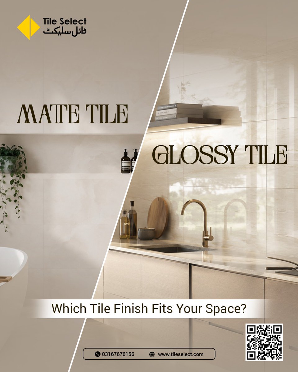 tile_select's tweet photo. Matte Tile or Glossy Tile, Which Tile Finish Fits Your Space?

Matte Tiles: Elegant, subtle &amp; slip-resistant
Glossy Tiles: Bright, reflective &amp; luxurious

📞 Contact: 0316 7676156
🌐 Website: https://t.co/A1kbL5dz65

#TileSelect #MatteTile #GlossyTile #TileDesign #InteriorDesign https://t.co/RGO3e4op9g