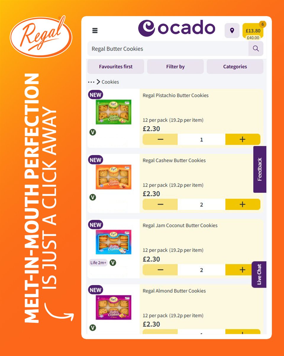 RegalPlc's tweet photo. Cookie lovers, we've got some exciting news! 🍪

Our delicious new Pistachio, Jam &amp; Coconut, Cashew, and Almond Butter Cookies are now available on @Ocado, the world’s largest dedicated online supermarket.

Shop the range today and discover your new favourite cookie! https://t.co/Fj7kqXLhr4