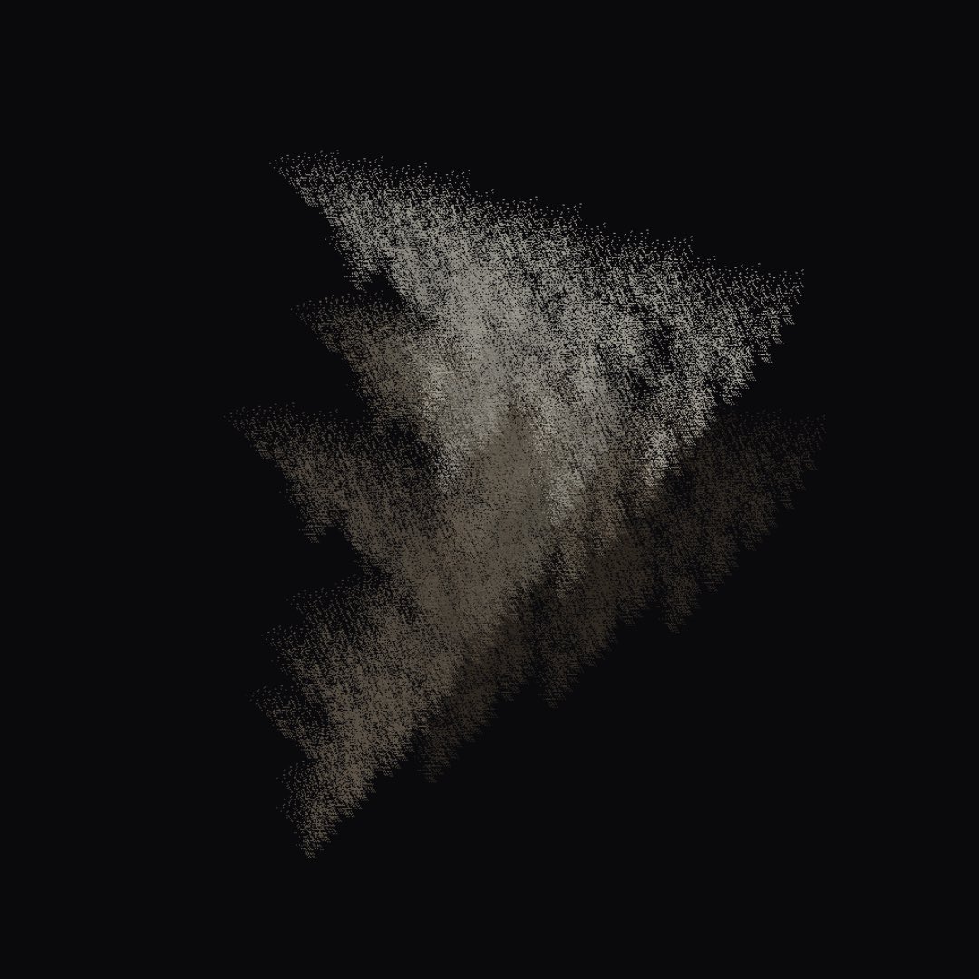 madam_selkie's tweet photo. Then density. The substitution iteration can be cut short at different point counts. 

Same shape, different visual texture, from a sparse ~22,000-point cloud you can see through, to a dense ~800,000-point solid you can't. 

I found that four levels covered the range well. ↓ https://t.co/SkC6BwONwV