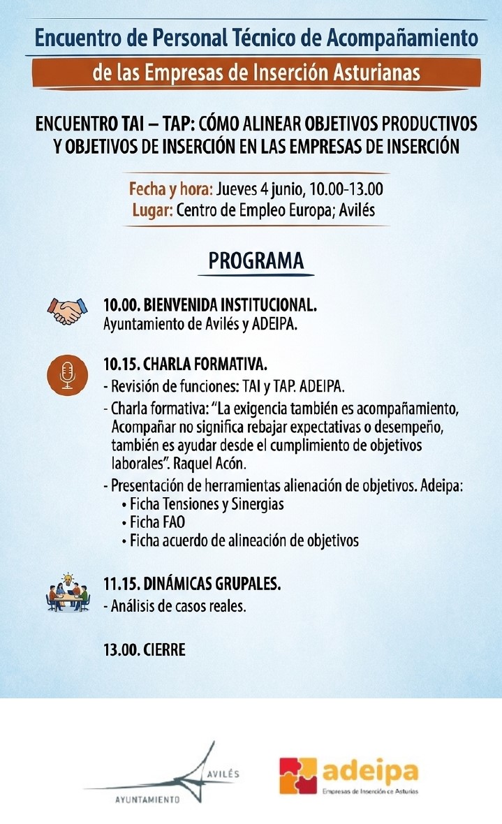 ADEIPA's tweet photo. Desde ADEIPA hemos organizado para el próximo 4 de junio en el Centro de Empleo Europa de Avilés un encuentro entre el personal de acompañamiento de las empresas de inserción asturianas. 
Más información:
https://t.co/SdDosjK6dm https://t.co/wuf9pLAZ2L