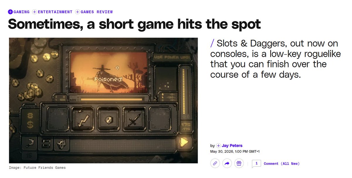 Olima's tweet photo. Slots &amp; Daggers on the @verge whoop!

https://t.co/WDEsKyfQb1 https://t.co/oXWnjuQZEJ