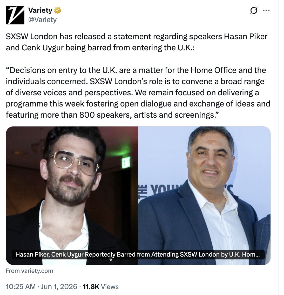 kennardmatt's tweet photo. SXSW London completely sells out Hasan Piker and Cenk Uygur

Refuses to even quibble with the outrageous decision by UK government to ban them from country

Ugly https://t.co/dV9PY702WV