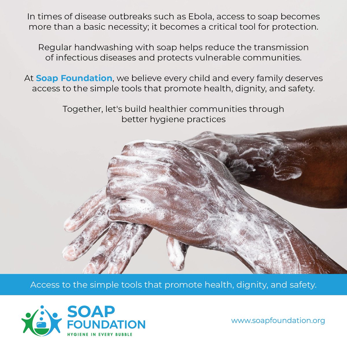 soapfoundation's tweet photo. In times of disease outbreaks such as Ebola, access to soap becomes more than a basic necessity; it becomes a critical tool for protection.

Together, let's build healthier communities through better hygiene practices #soapfoundation #EbolaVirus #komeshaebola https://t.co/MDoKZslNh2