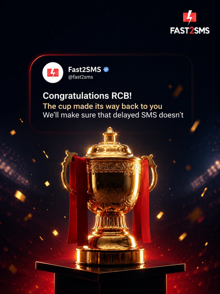 Fast2SMS's tweet photo. RCB! RCB! RCB! 🎉
So this year again RCB conquered 🏆
But Fast2SMS is conquering from last 15 years 👑

[IPL 2026, RCB, IPL Finals, RCB Champions, Virat Kohli, IPL, RCBvsGT, SMS, Bulk SMS, OTP SMS, API, IPL Final]
#fast2sms #bhopal #ipl2026 #iplfinal #rcb https://t.co/IO44h5HfOg