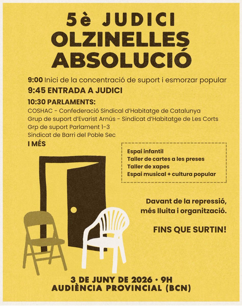 OlzinellesAbsol's tweet photo. Aquest dimecres tornen a jutjar a tot el moviment per l'habitatge per cinquè cop.

Omplim l'Audiència Provincial en solidaritat amb les encausades a qui els demanen 12 anys de presó.

No aturaran les nostres organitzacions!✊🏼

#EnsJutgenATotes
#OlzinellesAbsolució https://t.co/KXpASV9PrC