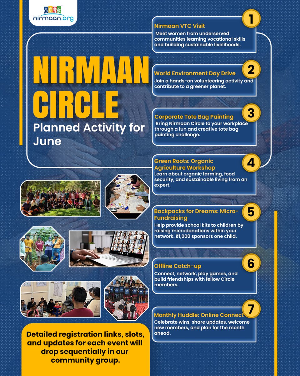 Nirmaan_Org's tweet photo. Exciting activities await this June at Nirmaan Circle!

From community visits and environmental initiatives to workshops, fundraising drives, and networking opportunities, there's something for everyone to learn, connect, and create impact.

Scan the QR code and join our community to stay updated on upcoming events and opportunities.

Link -https://t.co/EdmNzXK2M7

#NirmaanCircle #NirmaanOrg #CommunityImpact #SocialGood #YouthForChange #CommunityEngagement #FundraisingForCause #EnvironmentDay #LearningAndGrowth #NirmaanEvents