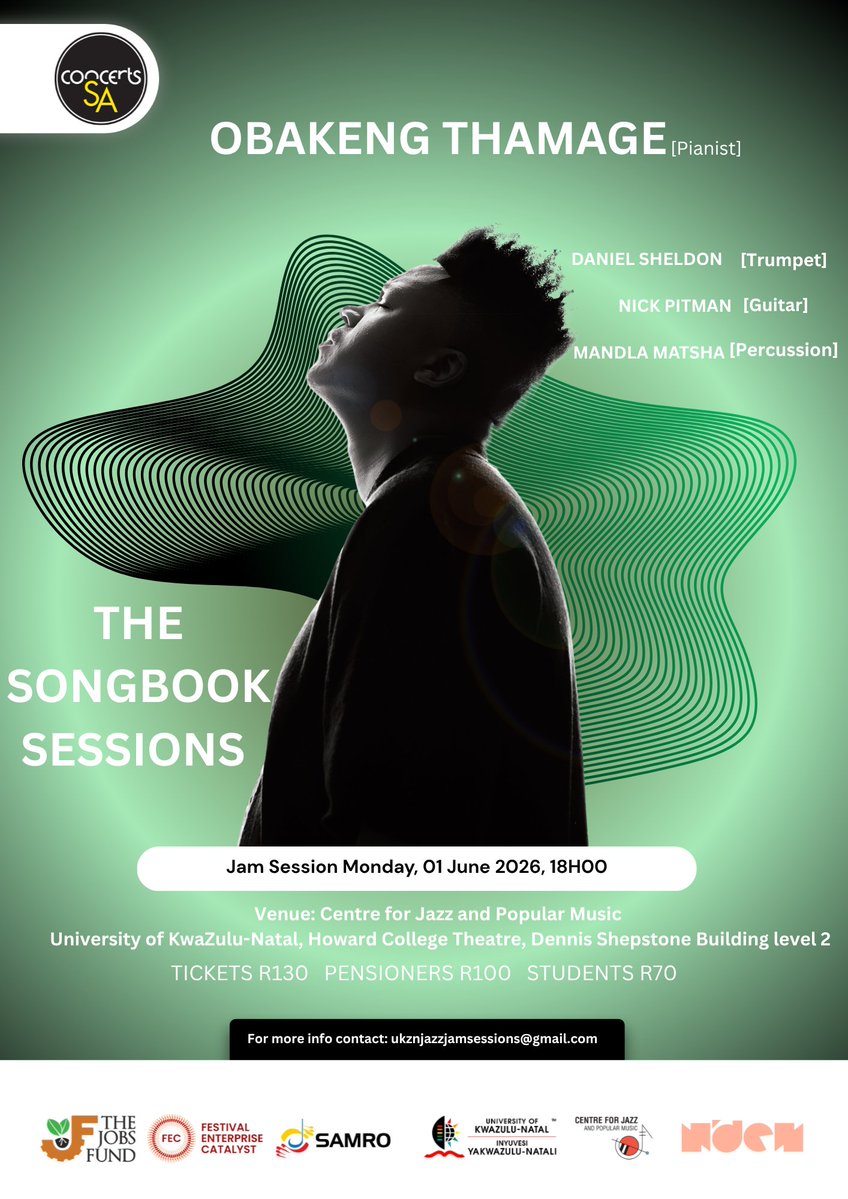 UKZN's tweet photo. UKZN Centre for Jazz and Popular Music Presents: The Songbook Sessions – Monday Night with Masuda
 
Durban, South Africa – The UKZN Centre for Jazz and Popular Music proudly presents another exciting edition of The Songbook Sessions, featuring acclaimed Johannesburg-born DJ, producer, and pianist Obakeng Thamage, better known as Masuda, on Monday, 01 June 2026 at 18:00.
 
Masuda is rapidly redefining the Afrohouse landscape with a distinctive sound that blends cinematic depth, electronic dance music energy, and rich live instrumentation. A graduate of the University of KwaZulu-Natal, he has collaborated with some of South Africa’s biggest music names, including Prince Kaybee, Distruction Boyz, Zakes Bantwini, Kabza De Small, and Dlala Thukzin. Most recently, he co-produced the hit track “Muthi” alongside Kabza De Small and Dlala Thukzin.
 
Known for his immersive live performances, Masuda seamlessly fuses live synths, expressive piano riffs, and his signature productions, all enhanced by striking visuals and a bold, fashion-forward aesthetic.
For this special performance, he will be joined by an exceptional ensemble featuring Daniel Sheldon on trumpet, Mandla Matsha on percussion, and Nick Pitman on guitar.
 
Event Details
Event: The Songbook Sessions – Monday Jam Session led by Masuda
Date: Monday, 01 June 2026
Time: 18:00
Venue: UKZN Centre for Jazz and Popular Music
Tickets:
• R130 – Standard
• R100 – Pensioners
• R70 – Students
Tickets are available at the door or via Webtickets.
https://t.co/CypnQOZ7UL